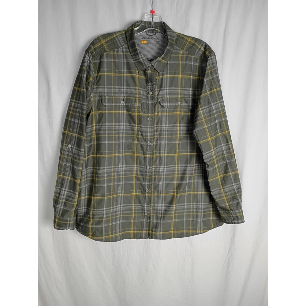 Eddie Bauer Green Checkered Travex Roll Tab Sleeve Vented Back Shirt Womens XL